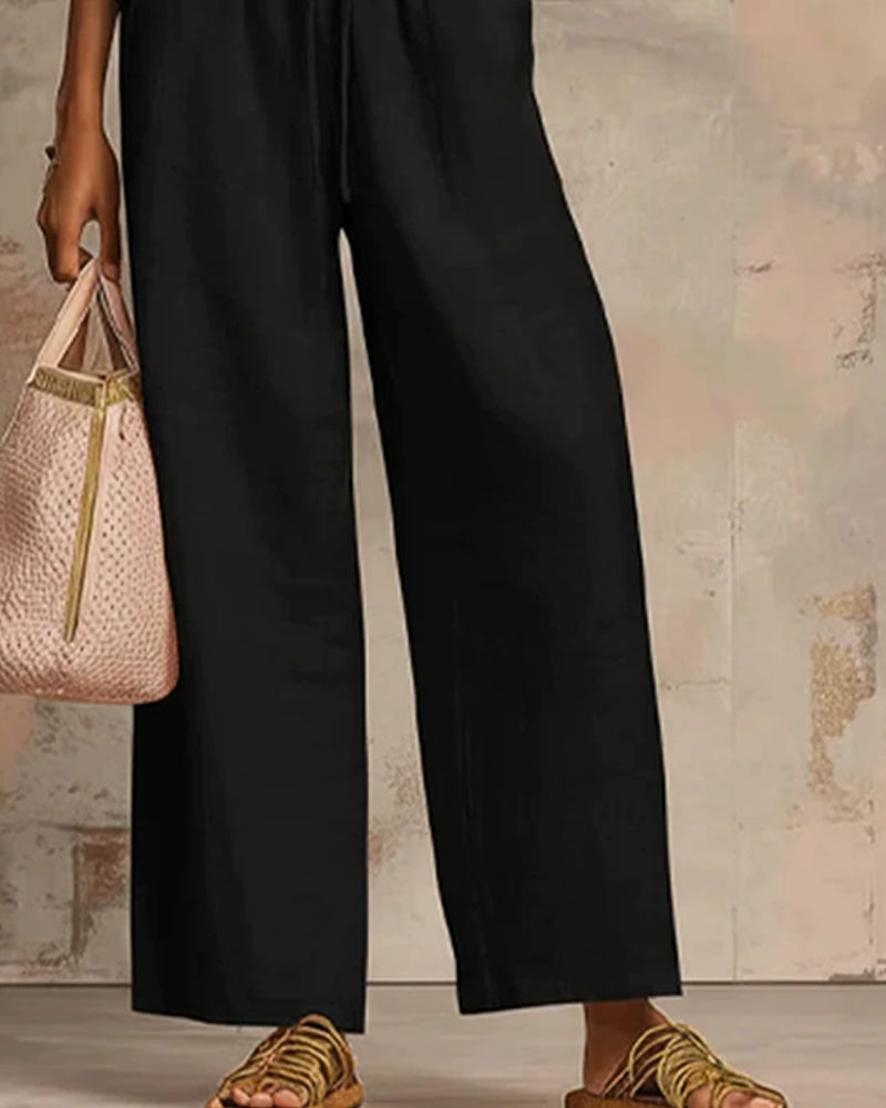 Zipper Crewneck Top Wide Leg Pants Two-Piece Sets