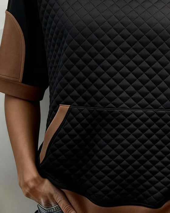 Crew Neck Patchwork Diamond Pattern Blouse