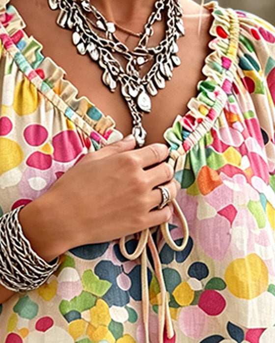 V-Neck Polka Dot Lace Up Blouse