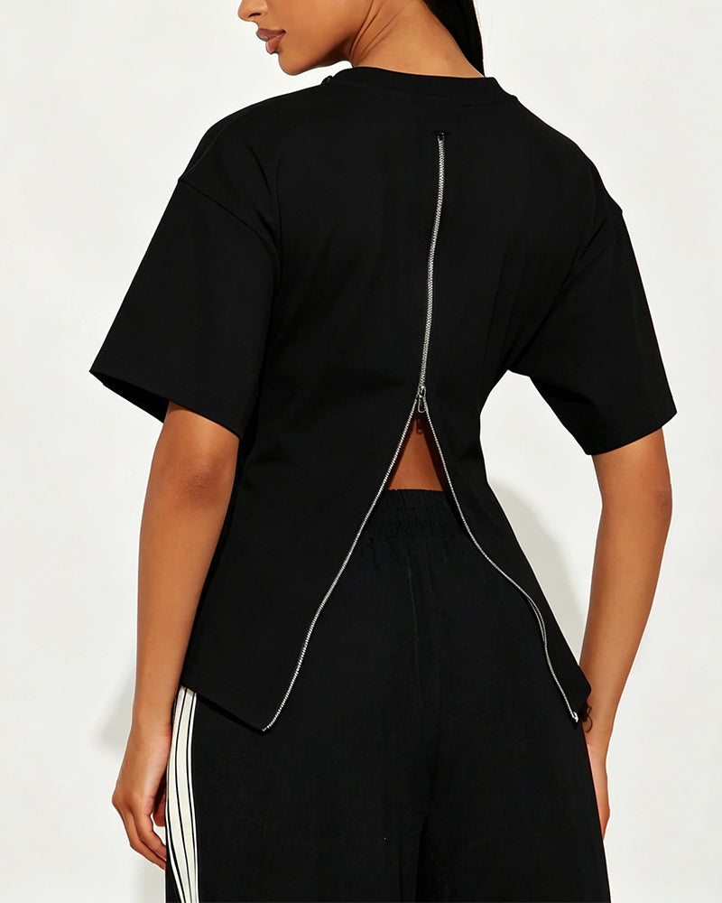 Loose Drop Shoulder Back Zip T-Shirts