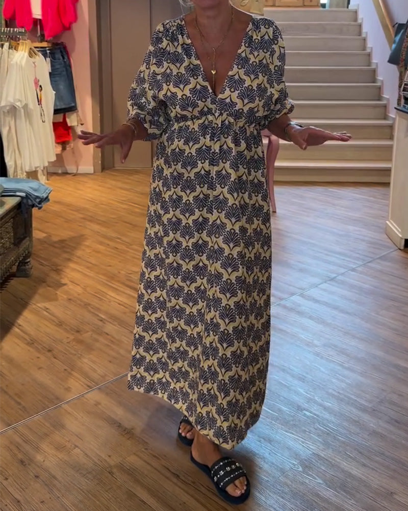 Vintage Deep V-Neck Floral Dress