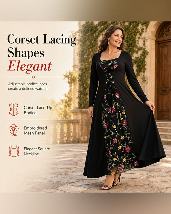 Square Neck Rose Spliced Maxi Dress