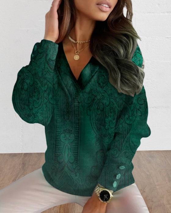 Casual V-Neck Printed Long-Sleeved Top