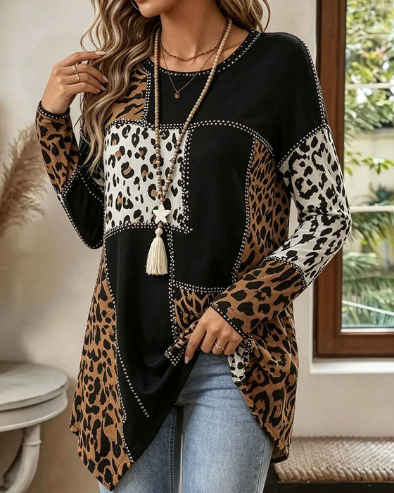 Leopard Print Patchwork Irregular Blouse