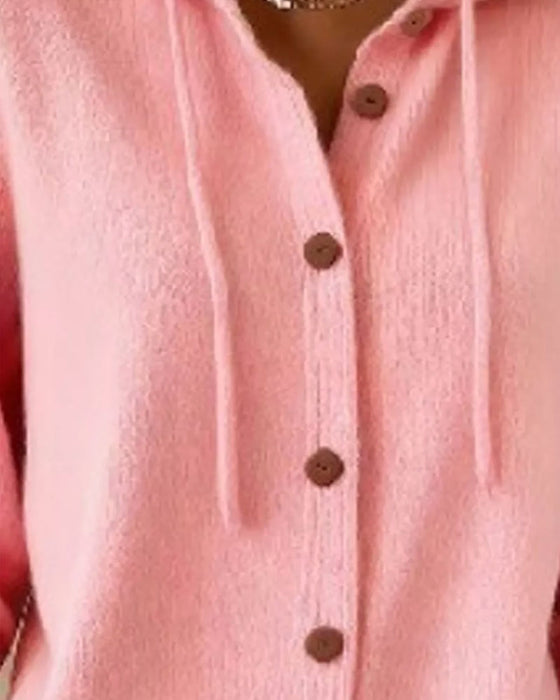 Solid Color Hooded Button-Down Cardigan
