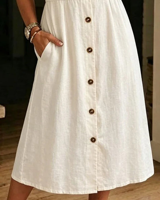 V-Neck Short-Sleeved Button-Up Dress