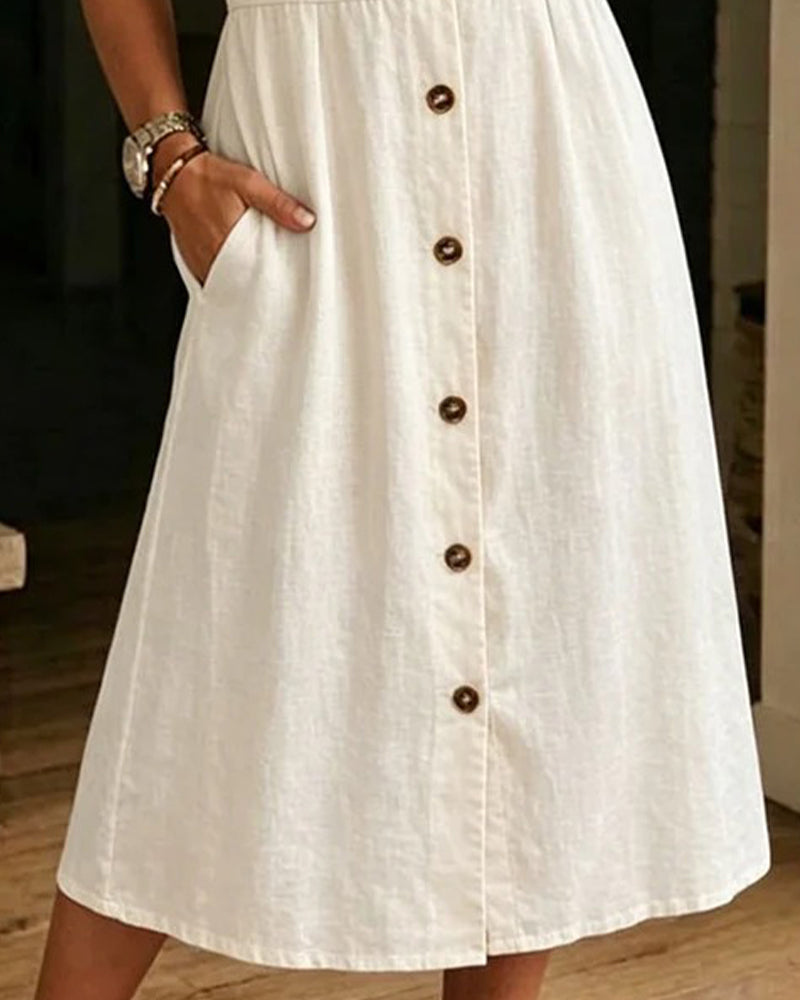 V-Neck Short-Sleeved Button-Up Dress