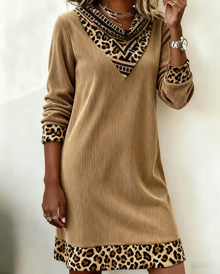 Swing Collar Leopard Print Corduroy Dress