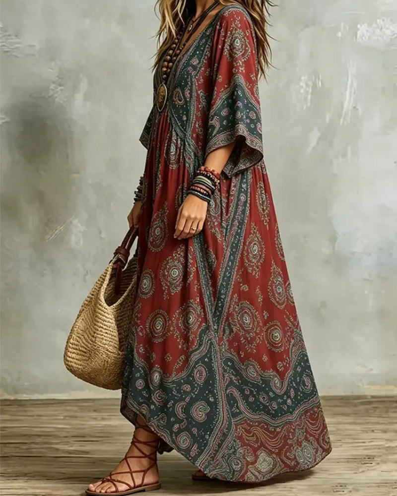 Vintage Bohemian V-neck Printed Maxi Dress