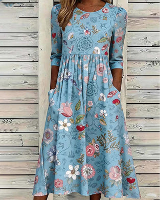 Round Neck Pleated Floral A-Hem Dress