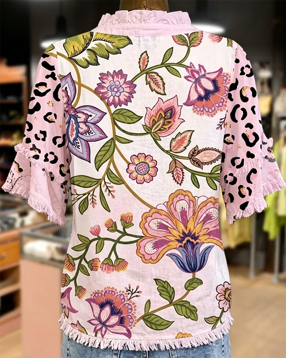 V-Neck Contrast Print Blouse