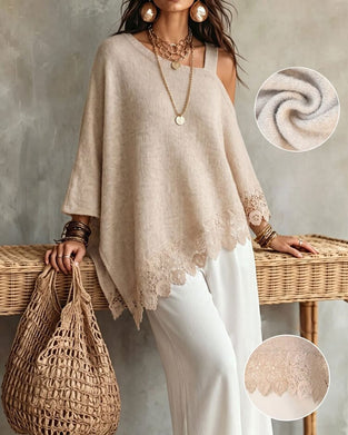 One-Shoulder Lace Hem Patchwork Pullover
