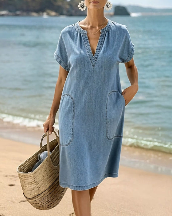 V-Neck Short-Sleeved Pockets Dress