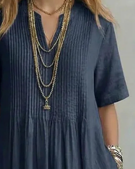Pleated V-Neck Half Placket A-Line Long Dress