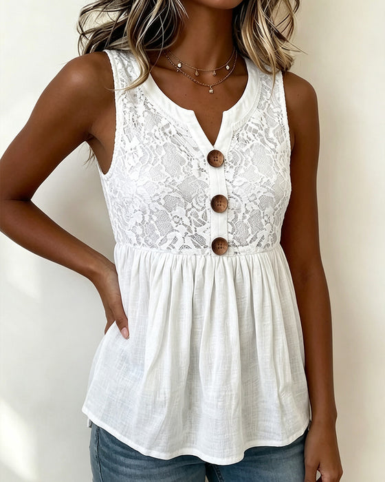 Solid V‑Neck Lace‑Panel Button‑Front Top