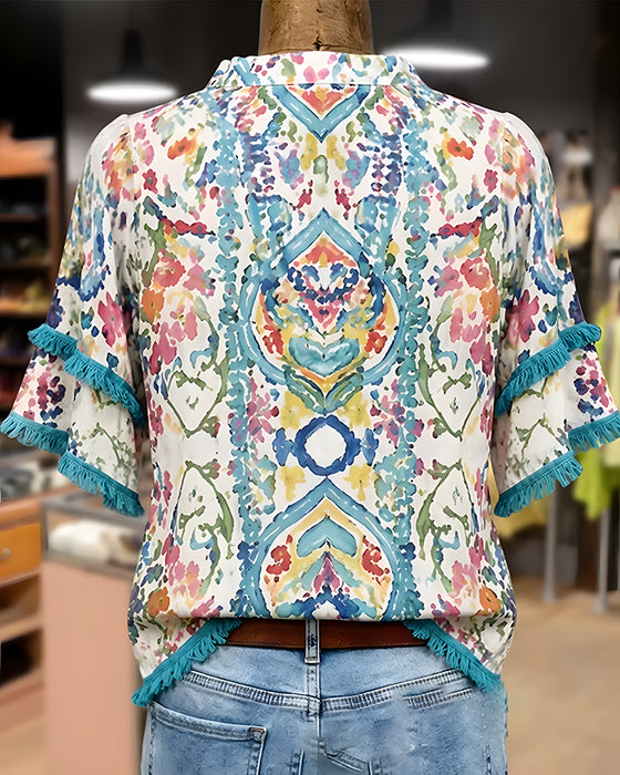 V-Neck Fringe Ruffle Ethnic Shirt