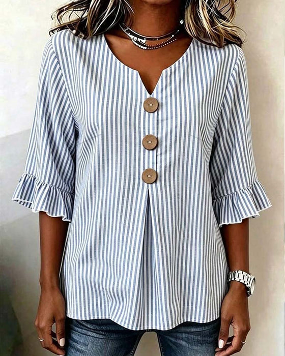 Mini V-Neck Ruffle Stripe Button Blouse