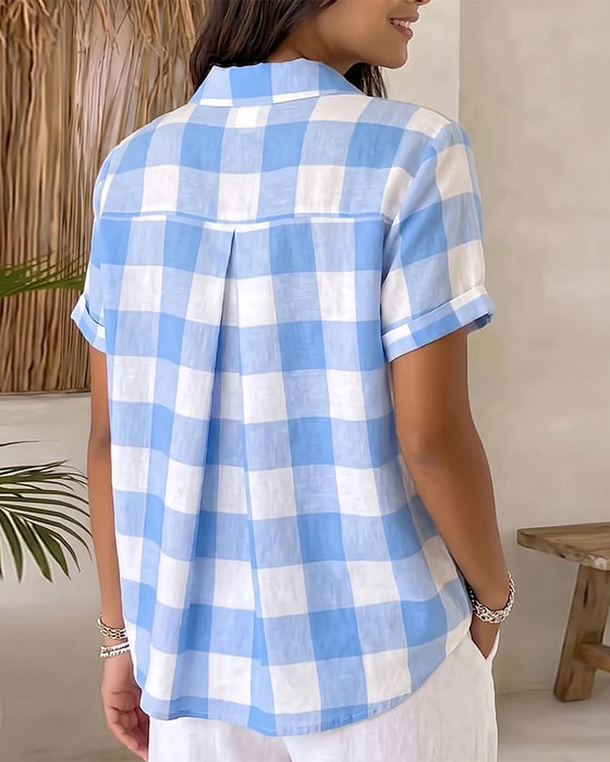 Blue White Large Plaid Lapel Shirt