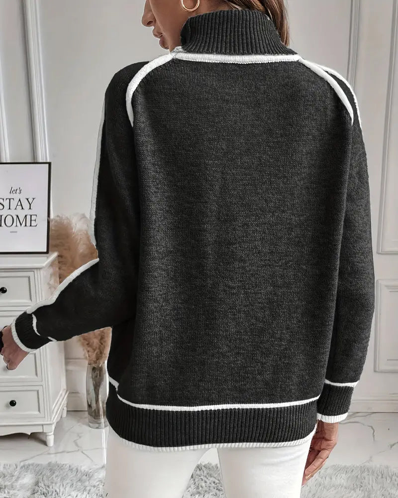 High collar contrast color simple pullover sweater