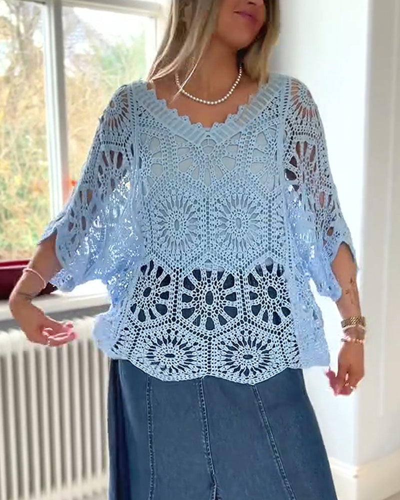 Solid V-Neck Cut-Out Knit Cover-Up Pullover