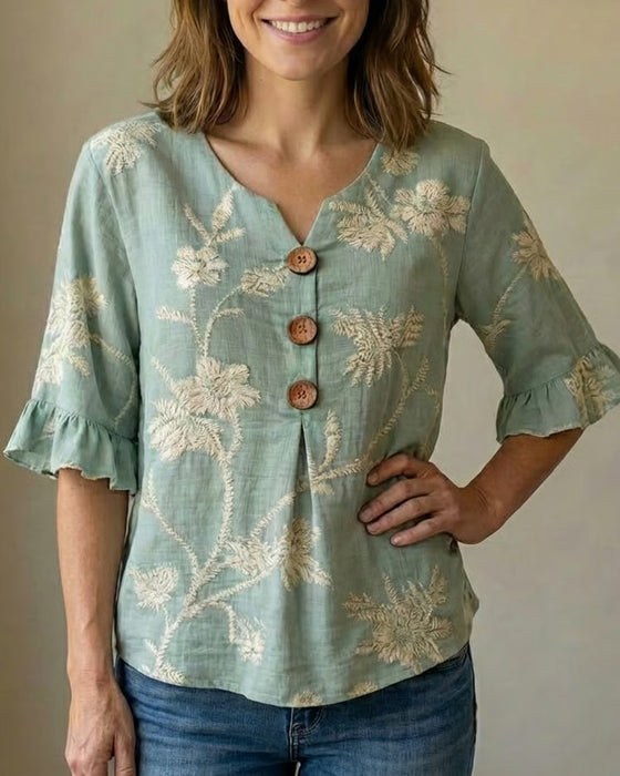 Ruffle Sleeve Three-Button Loose Fit Blouse