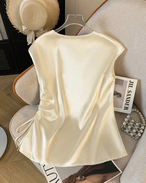 V-Neck Drawstring Sleeveless Blouse