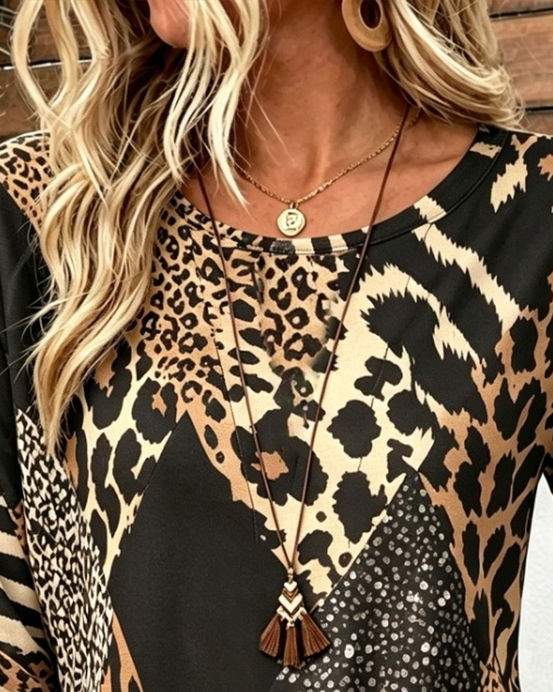 Crew Neck Button Leopard Shirred Blouse