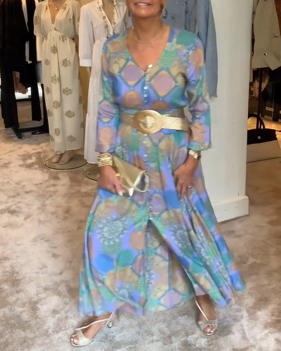 Vintage printed button slit long sleeve dress