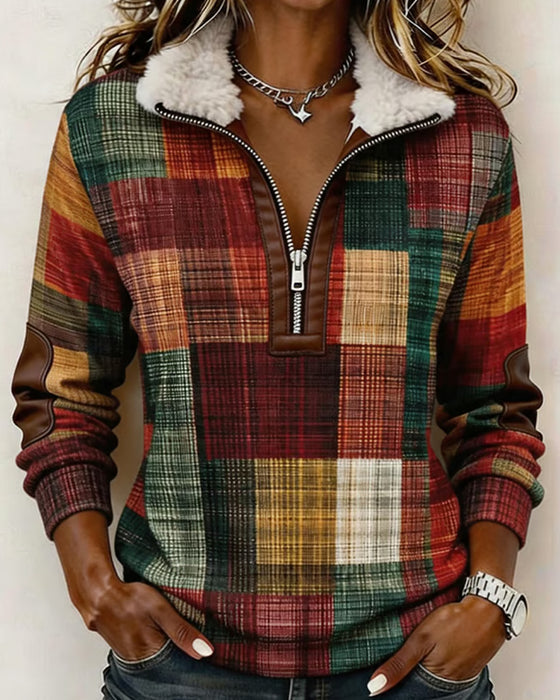 Lapel Zipper Plaid Contrast Sweatshirt