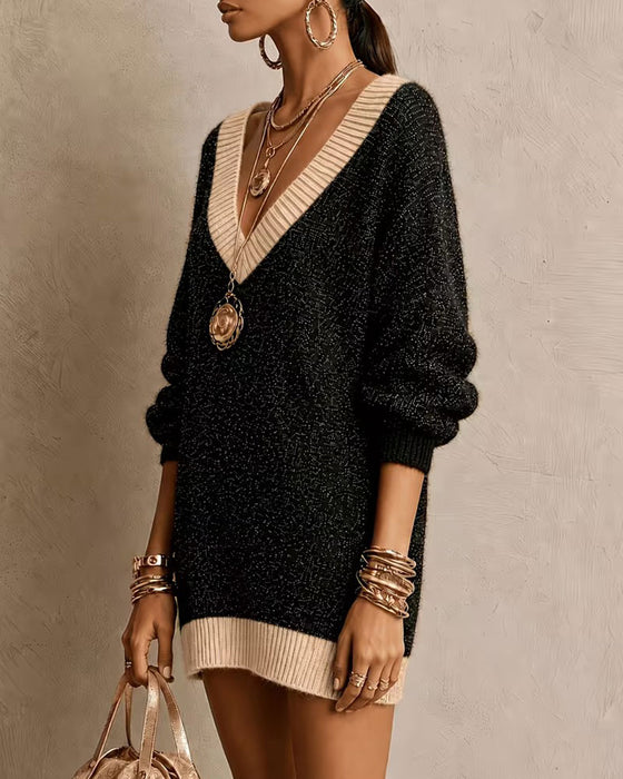 V-neck Long-sleeved Loose Knit Jumper Dress
