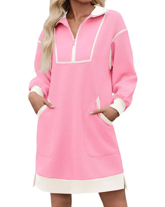 Half Zip Long Sleeve Color Block Short Dress