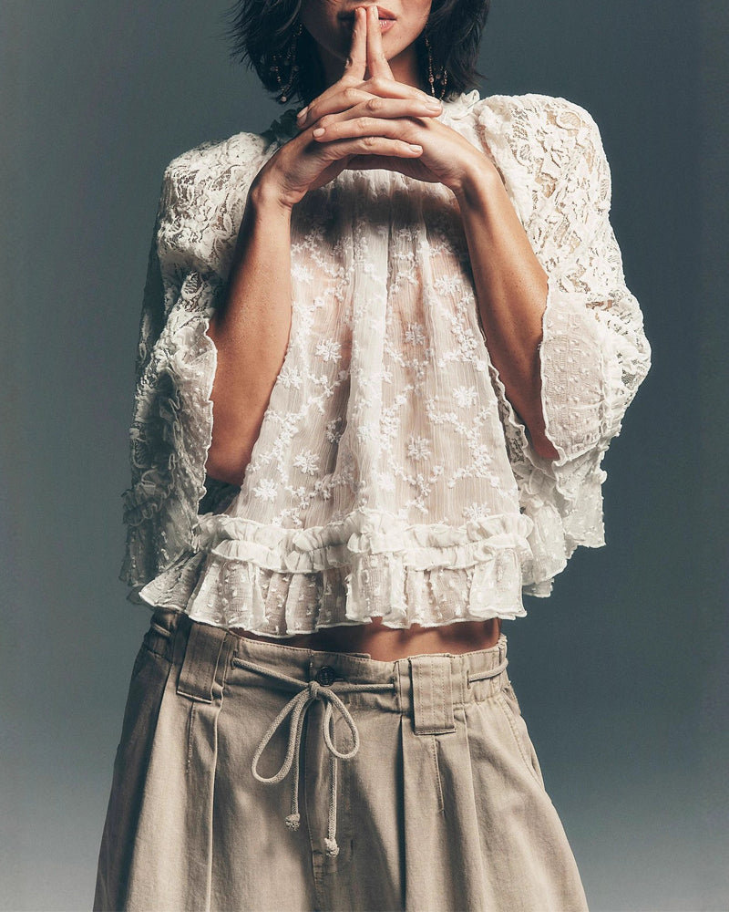Lace Hollow-Out Ruffle Sleeve Sun Protection Blouses