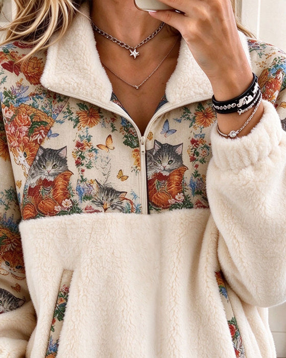 Cat Print Spliced Fleece Half-Zip Sweatshirt