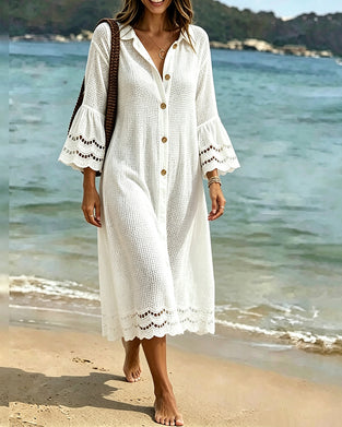 Shirt Collar Button Lace Patchwork Dress