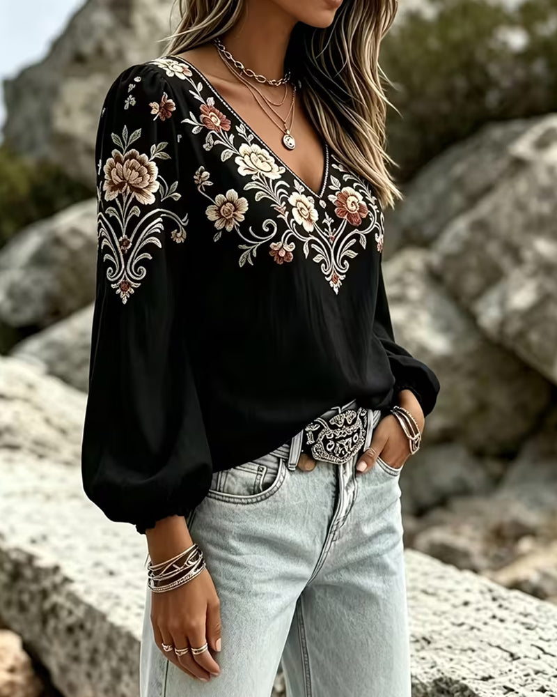 V-Neck Floral Casual Blouse