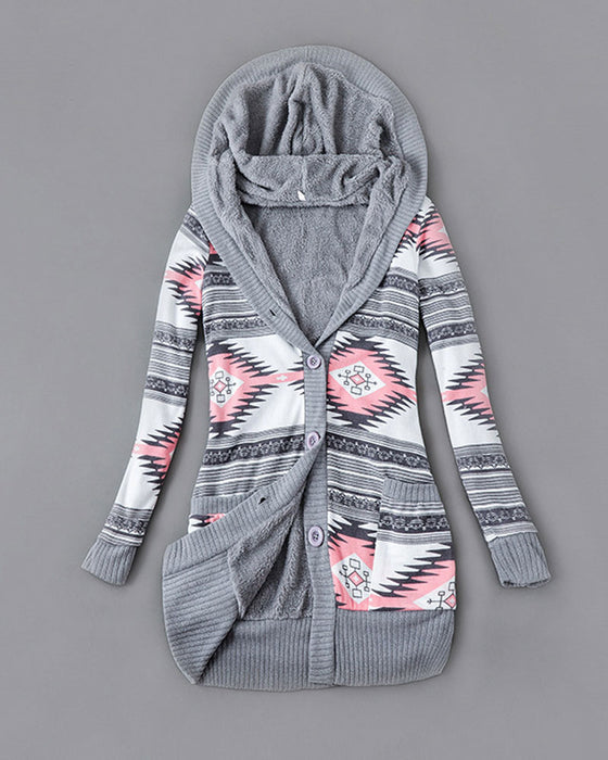 Printed Hooded Button Down Coat