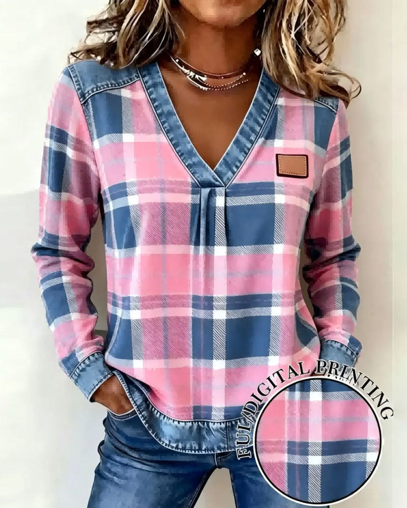 V-Neck Plaid Denim Patchwork Top