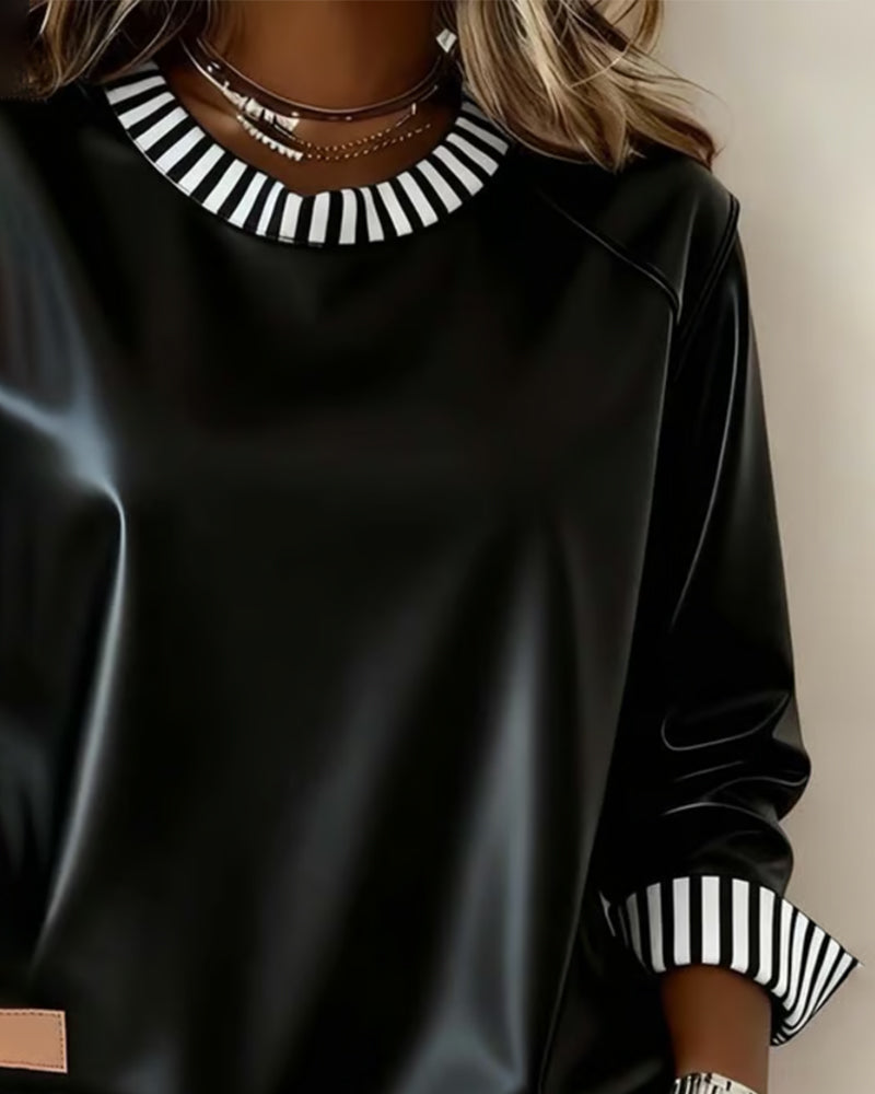 PU Spliced Vertical Stripe Round Neck Sweatshirt