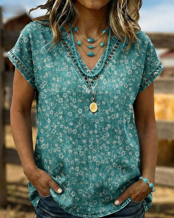 Hollow Out Patchwork V-Neck Floral T-Shirt