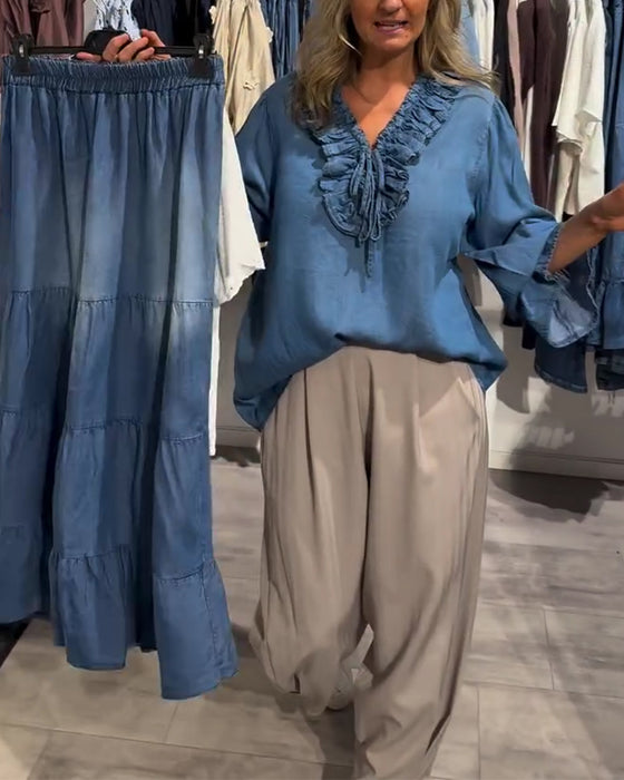 Ruffle Trim Tie-Up Denim Blouse