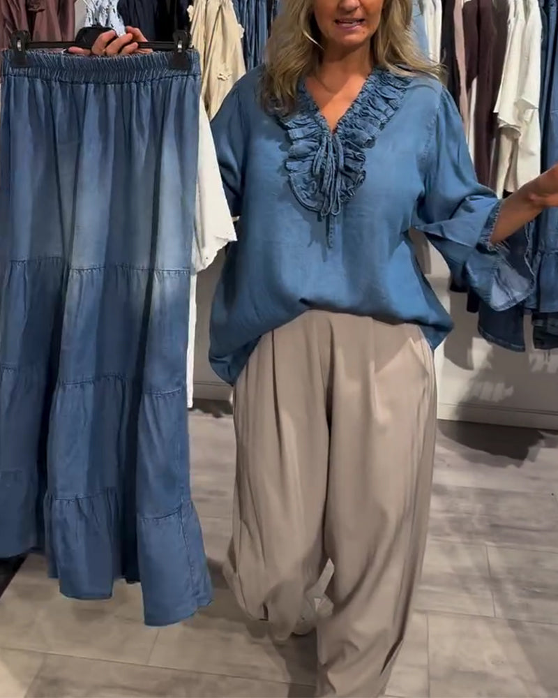Ruffle Trim Tie-Up Denim Blouse