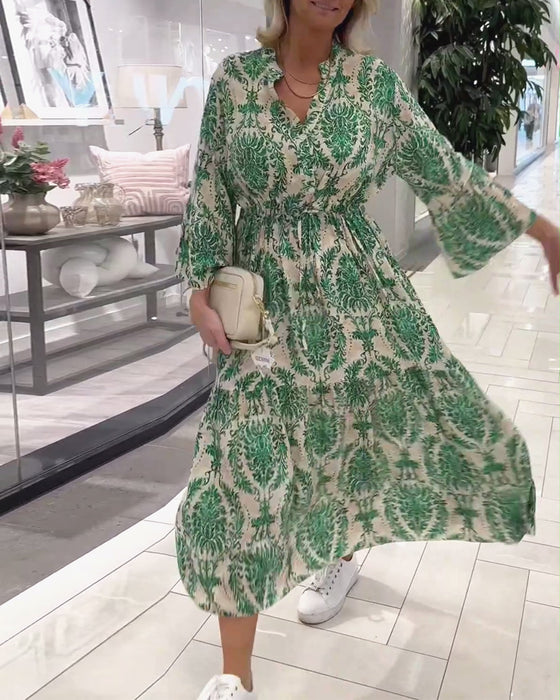 Printed bell sleeve drawstring dress