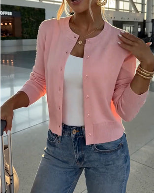 Solid Color Crew Neck Buckle Cardigan