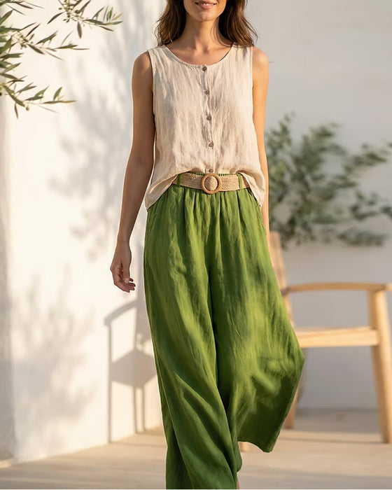 Sleeveless Cotton And Linen Casual Set