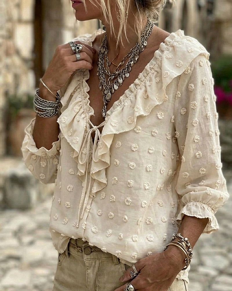 V-Neck Three-Dimensional Printed Puff Sleeves Blouse