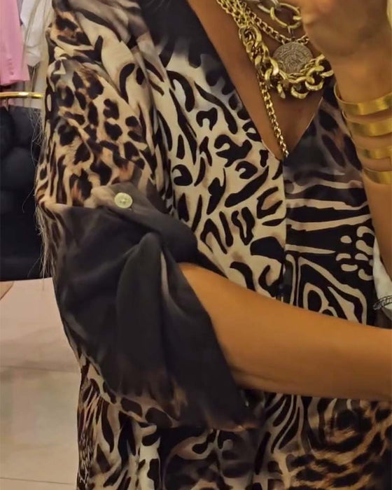 V-neck leopard print loose dress