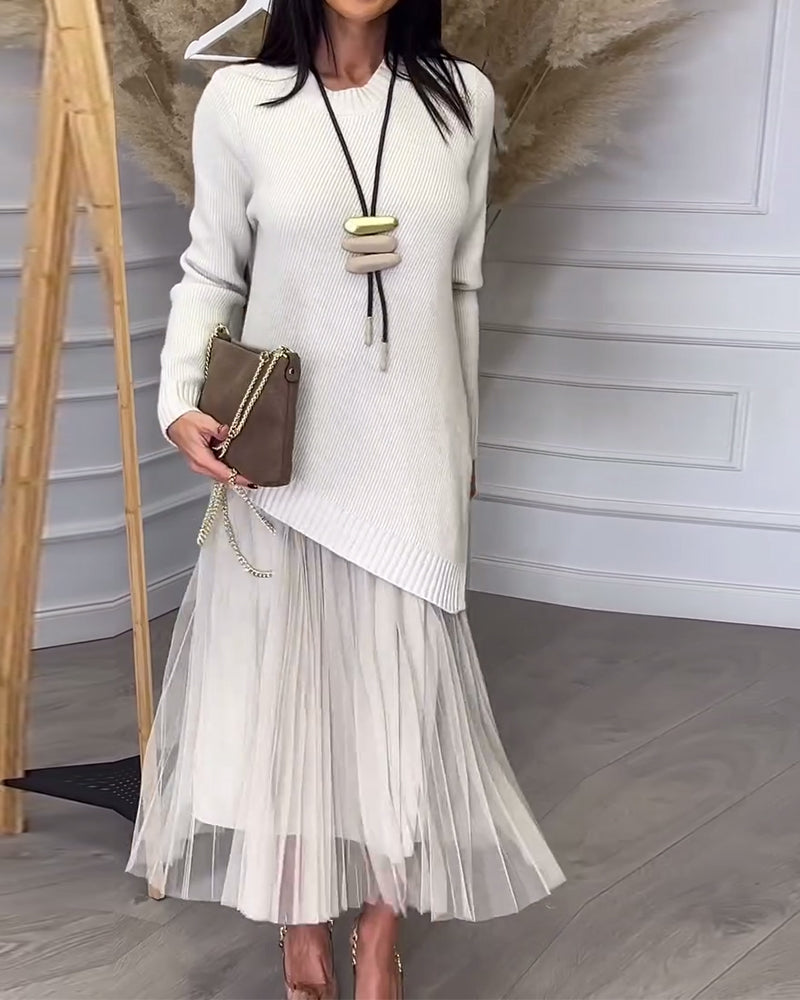 Crew Neck Irregular Pullover And Skirt Two-Piece Set