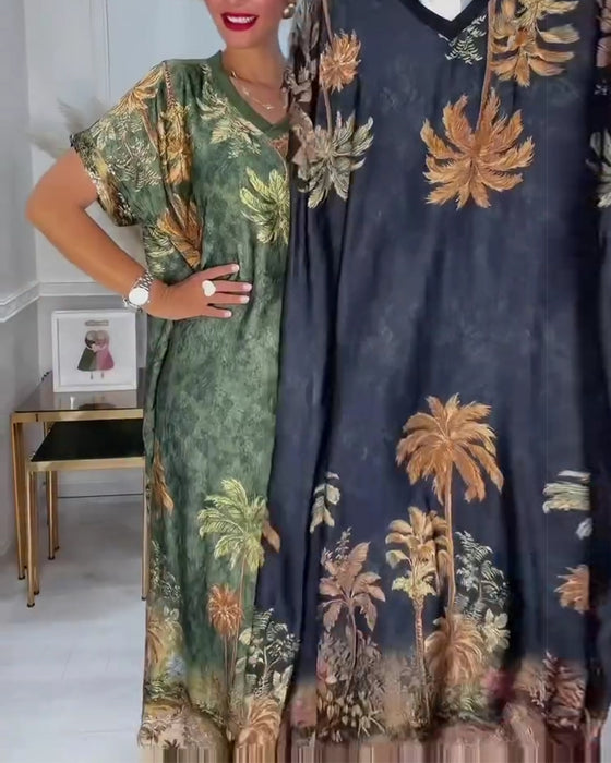 V-Neck Palm Tree Print Short Sleeve Long Dress
