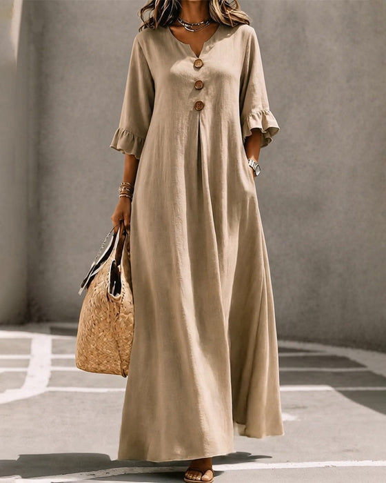 V-Neck Button Ruffle Full Skirt Dress