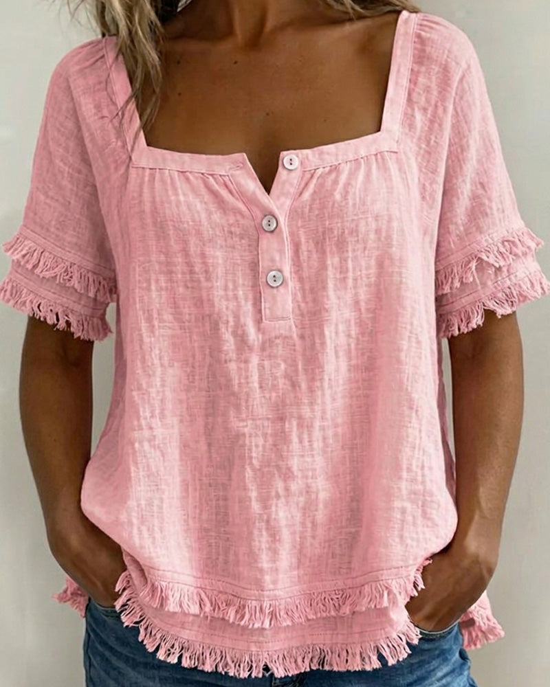 Square Neck Half-Placket Fringe Blouse